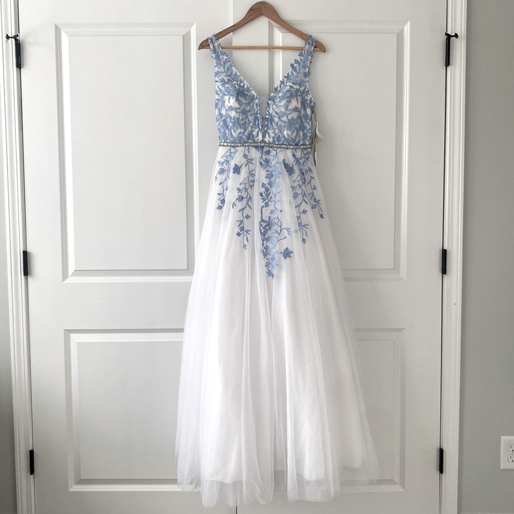 PromGirl White Tulle Gown with Light Blue Floral Appliqué